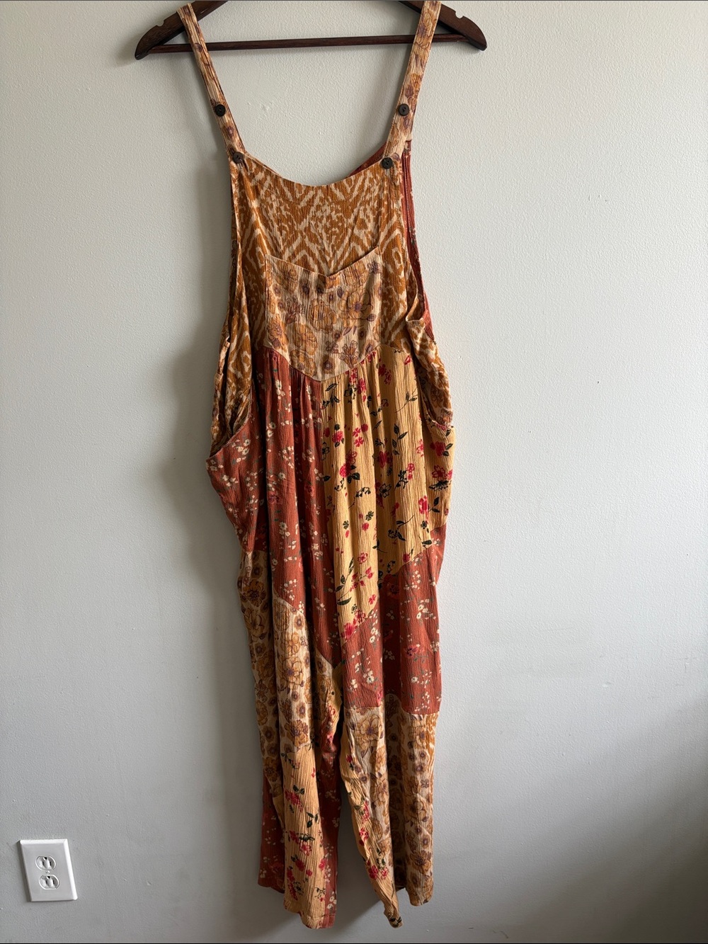 Vintage Patchwork Floral Rayon Jumpsuit Overalls Boho S M